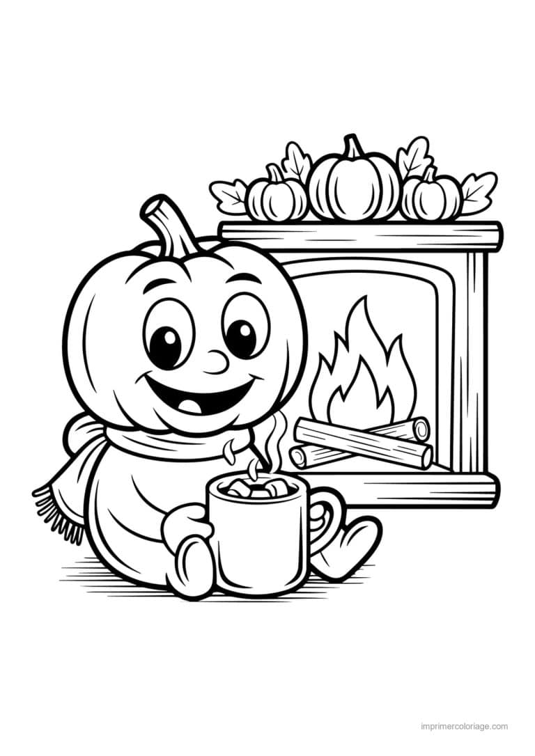 coloriage halloween cozy citrouille au chocolat pres du feu - dessin gratuit &agrave; imprimer