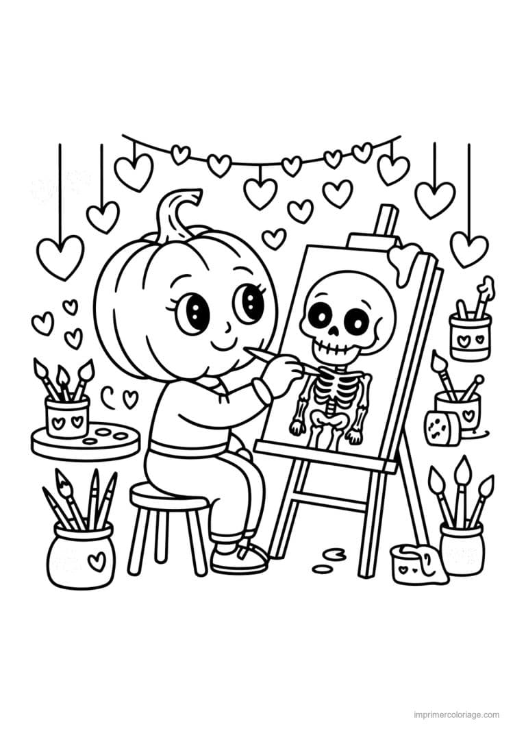 coloriage halloween cozy citrouille qui peint un squelette - dessin gratuit &agrave; imprimer