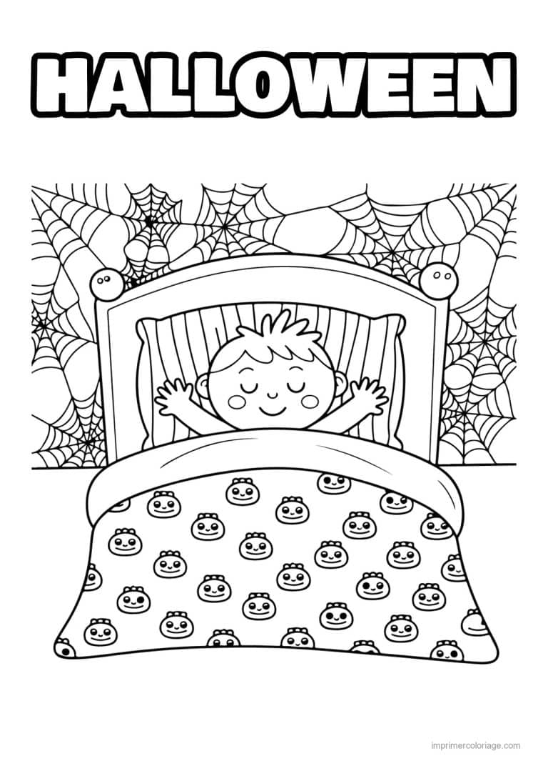 coloriage halloween cozy enfant au lit et toiles d araignee - dessin gratuit &agrave; imprimer