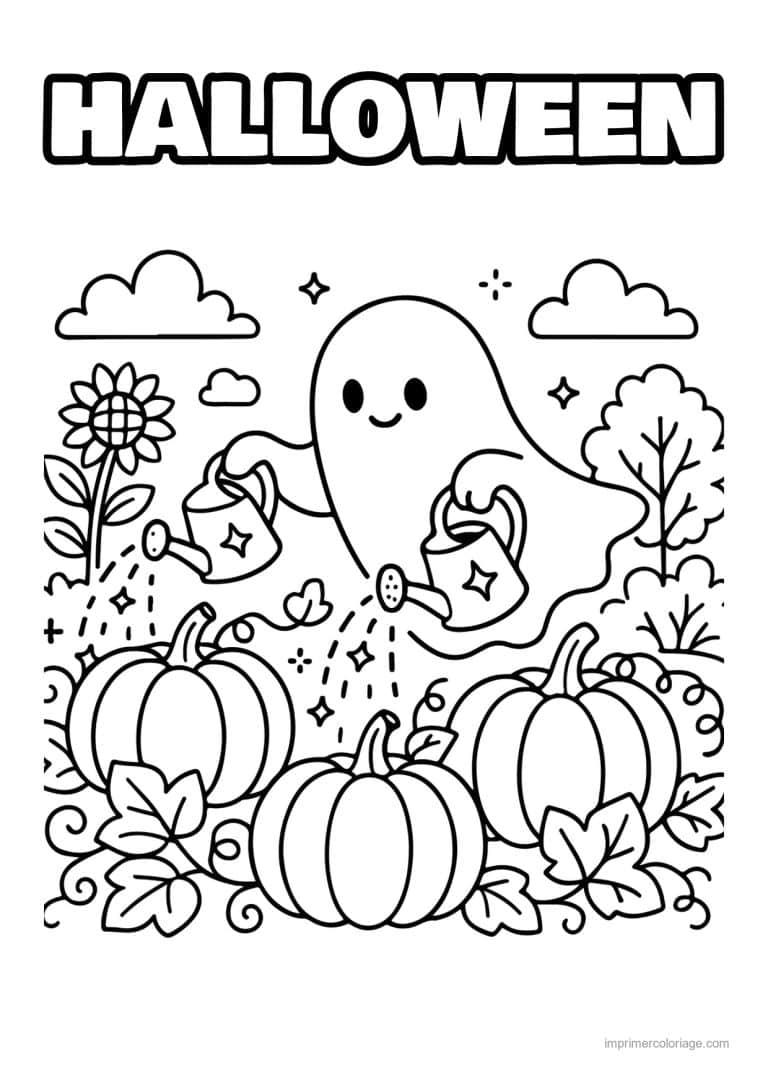 coloriage halloween cozy fantome arrose les potirons - dessin gratuit &agrave; imprimer