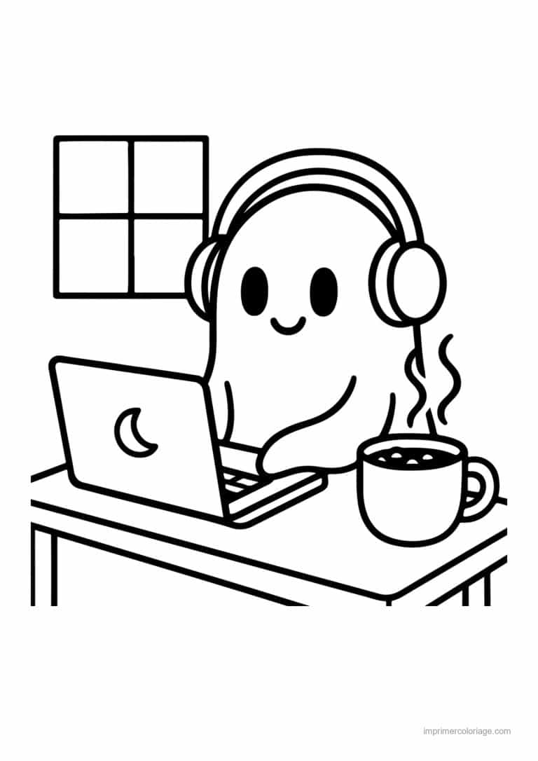 coloriage halloween cozy fantome au casque et ordinateur - dessin gratuit &agrave; imprimer