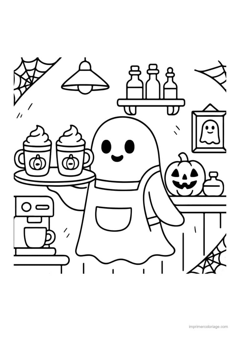 coloriage halloween cozy fantome barista latte citrouille - dessin gratuit &agrave; imprimer