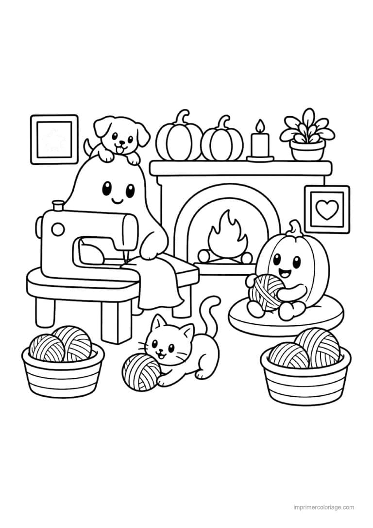 coloriage halloween cozy fantome couture coin du feu - dessin gratuit &agrave; imprimer