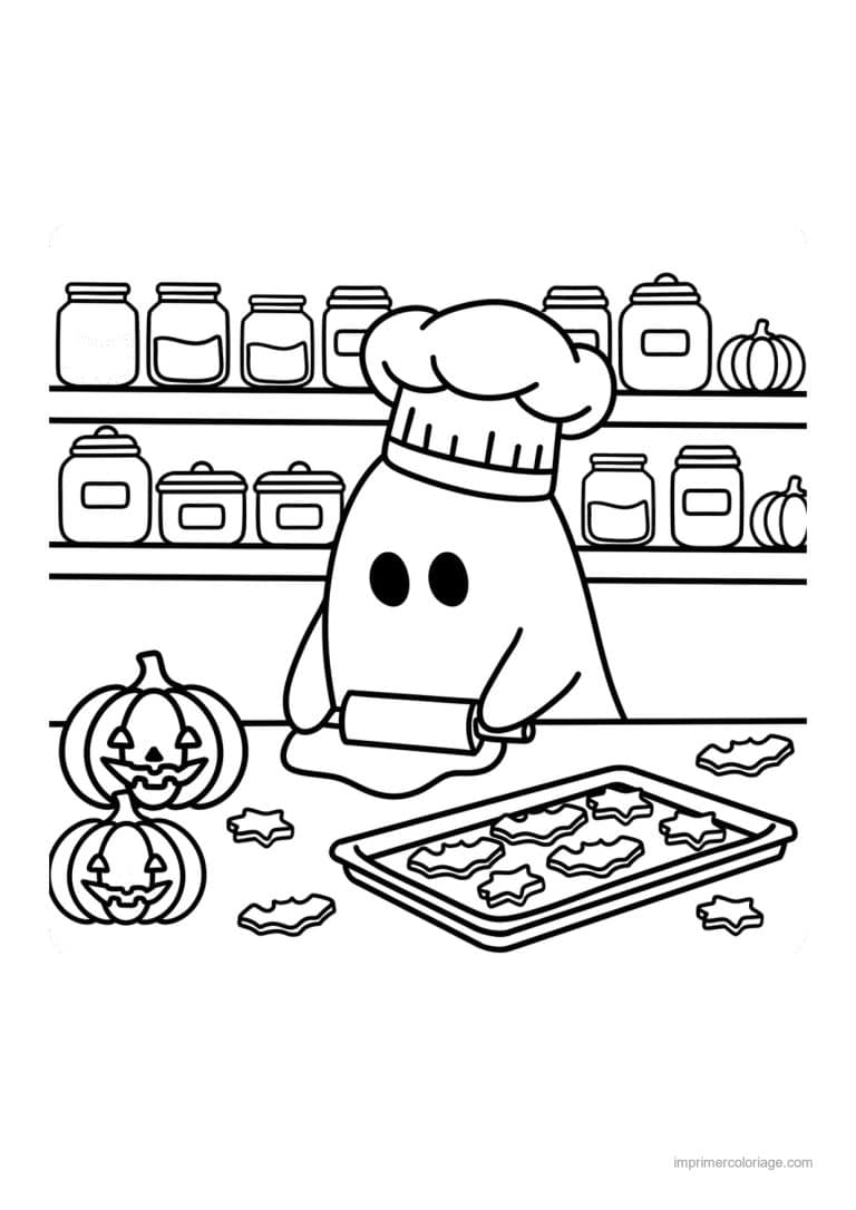 coloriage halloween cozy fantome cuisinier biscuits chauves souris - dessin gratuit &agrave; imprimer