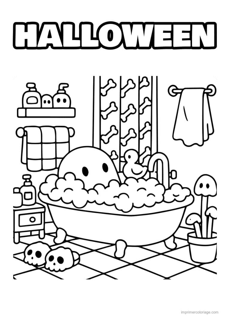 coloriage halloween cozy fantome dans son bain moussant - dessin gratuit &agrave; imprimer
