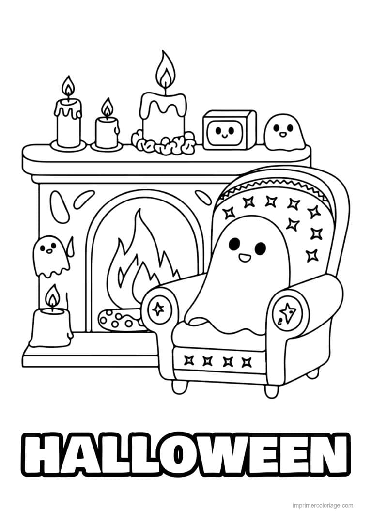 coloriage halloween cozy fantome fauteuil coin du feu - dessin gratuit &agrave; imprimer