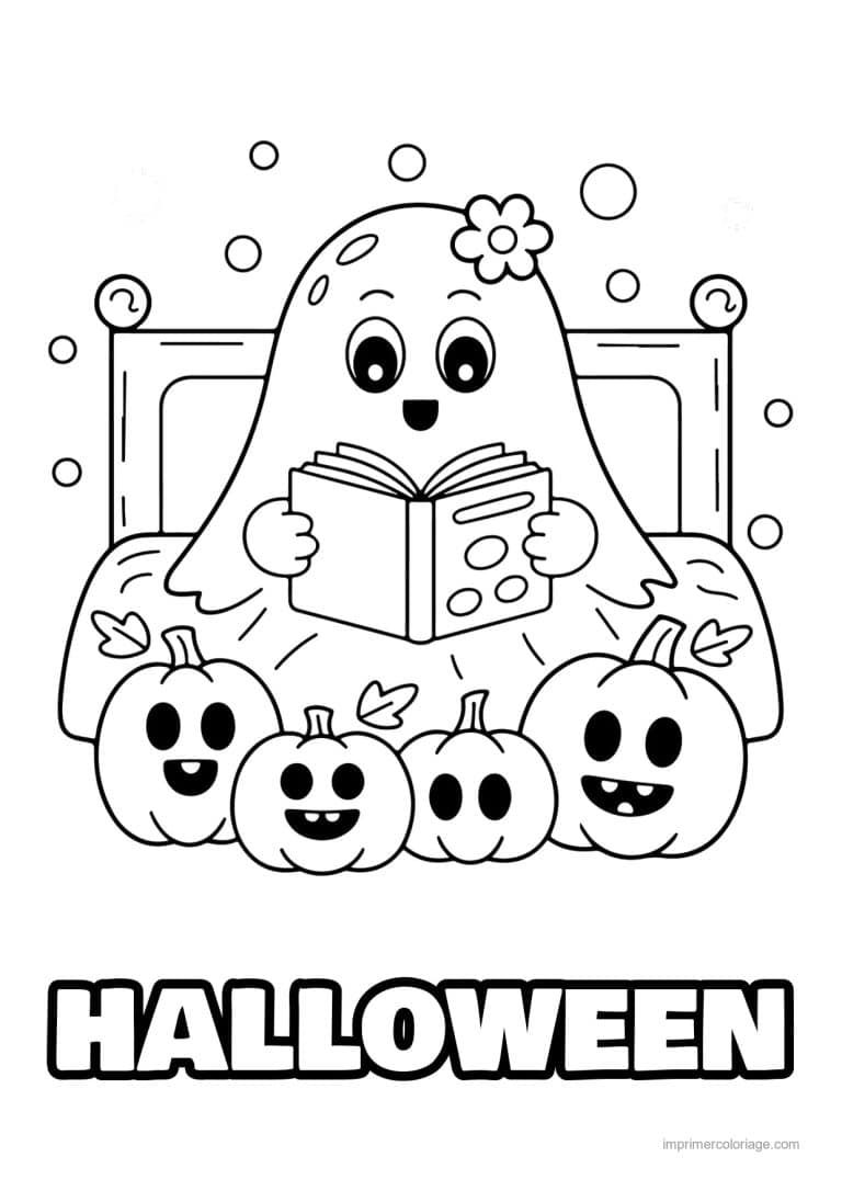 coloriage halloween cozy fantome lit parmi citrouilles - dessin gratuit &agrave; imprimer