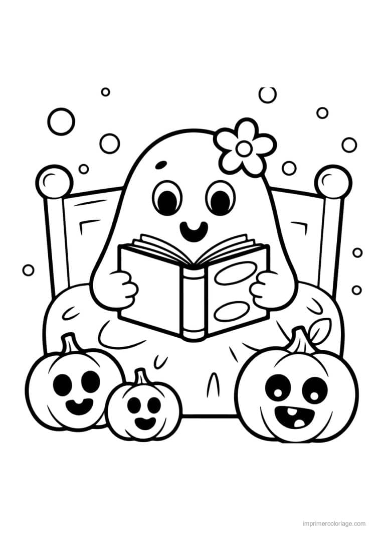 coloriage halloween cozy fantome qui lit dans son fauteuil - dessin gratuit &agrave; imprimer