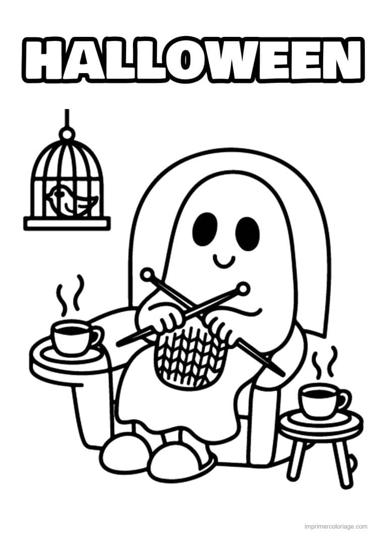 coloriage halloween cozy fantome qui tricote au fauteuil - dessin gratuit &agrave; imprimer