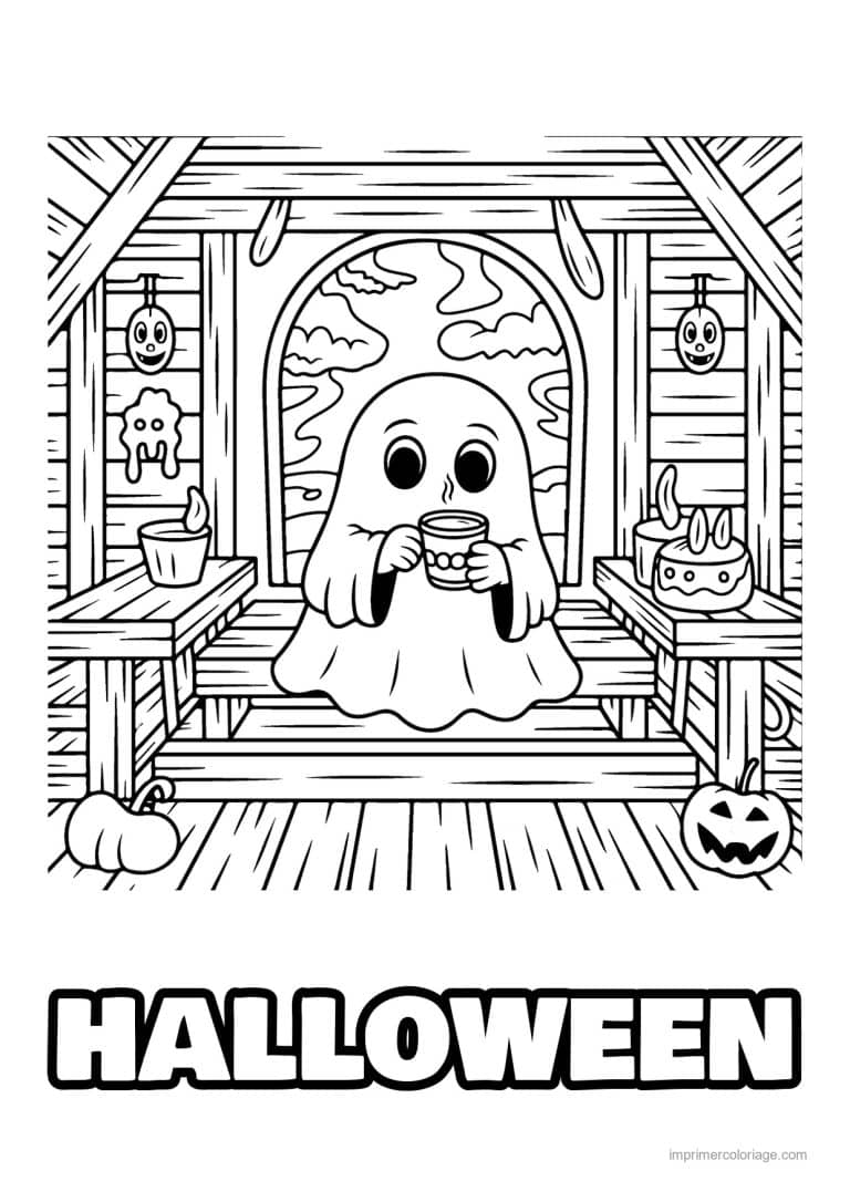 coloriage halloween cozy fantome tasse dans cabane - dessin gratuit &agrave; imprimer