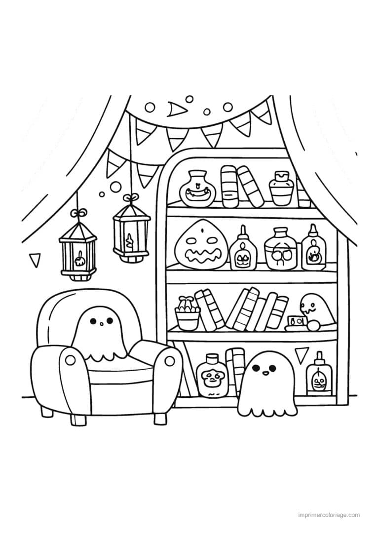 coloriage halloween cozy fantomes bibliotheque potions - dessin gratuit &agrave; imprimer