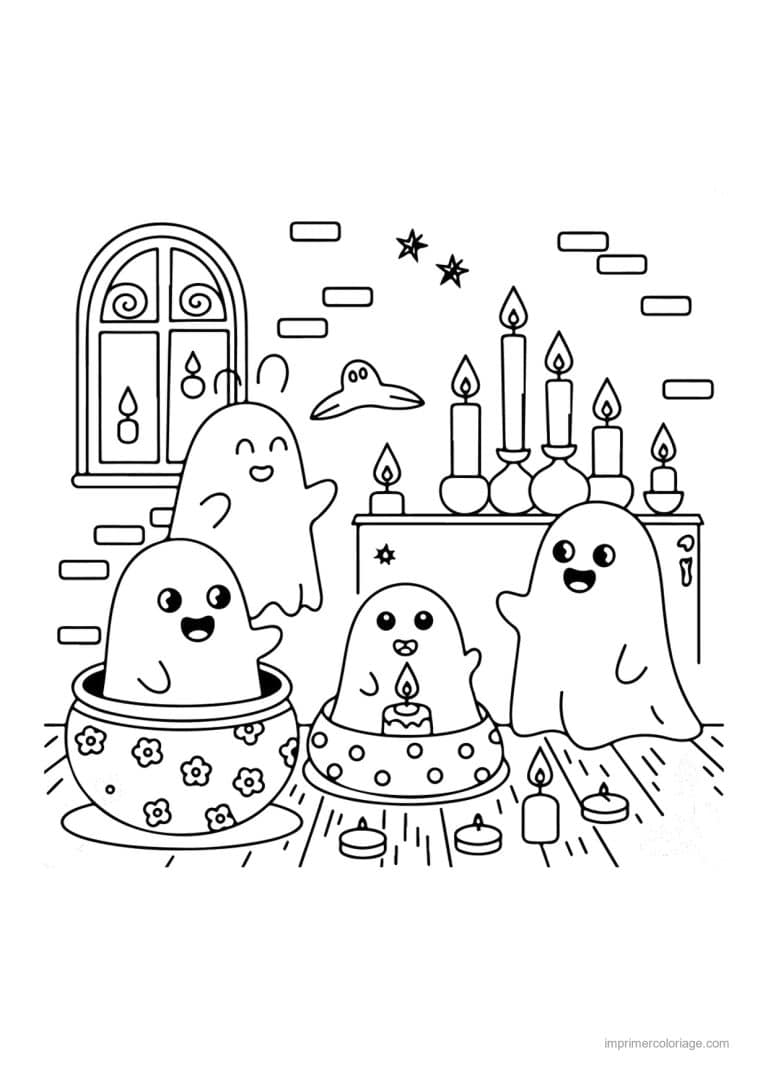 coloriage halloween cozy fantomes et bougies dans des pots - dessin gratuit &agrave; imprimer