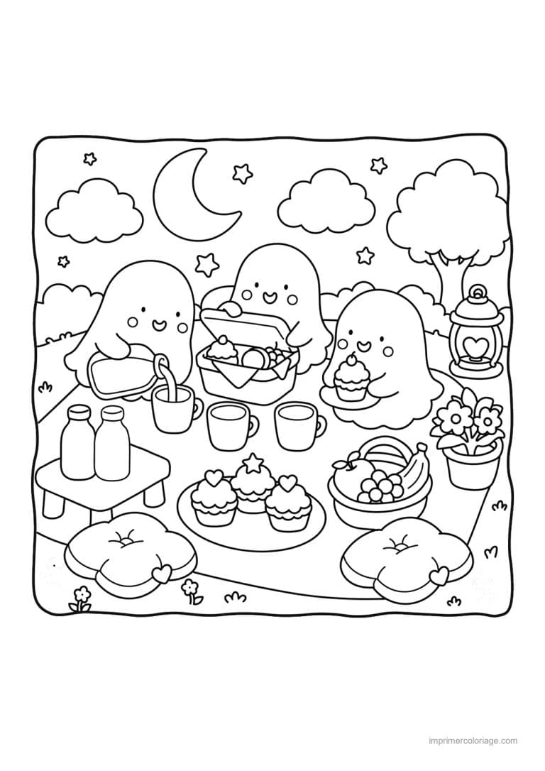 coloriage halloween cozy fantomes pique nique nocturne - dessin gratuit &agrave; imprimer