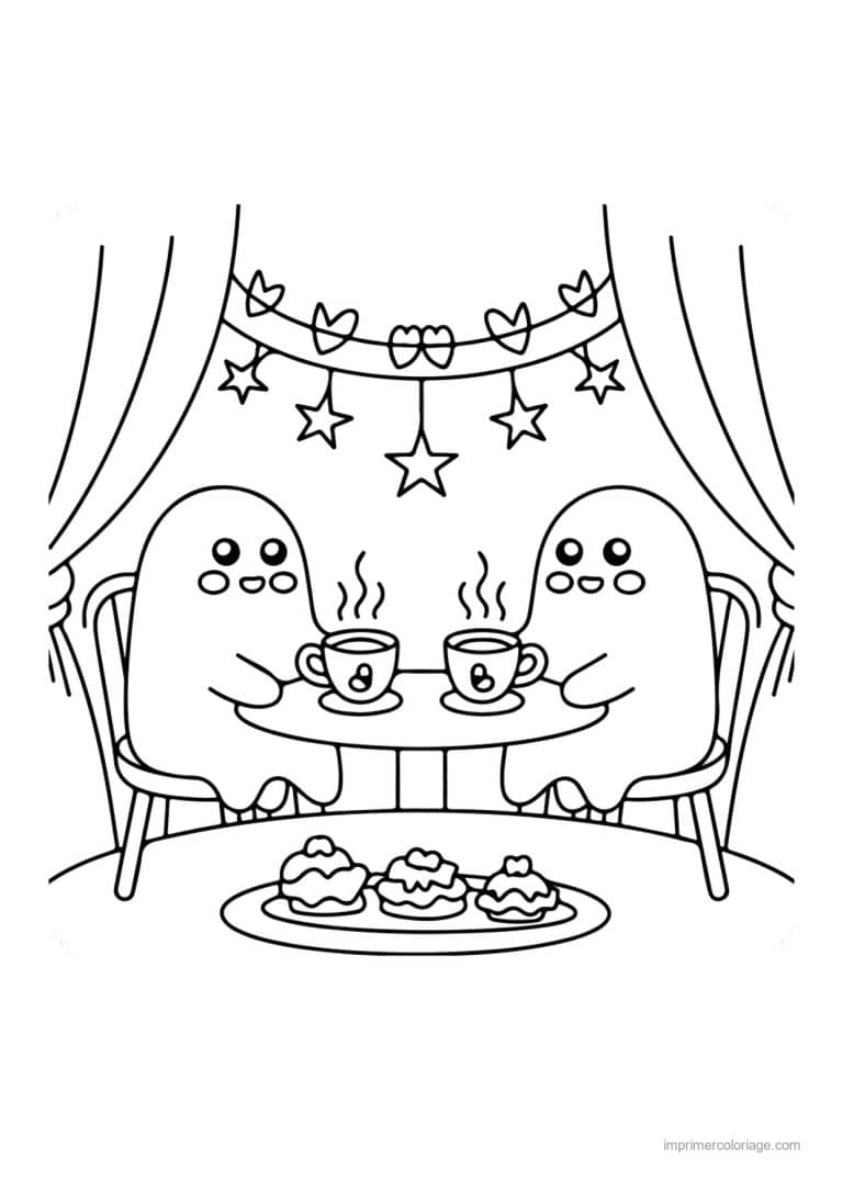 coloriage halloween cozy fantomes prennent le the - dessin gratuit &agrave; imprimer