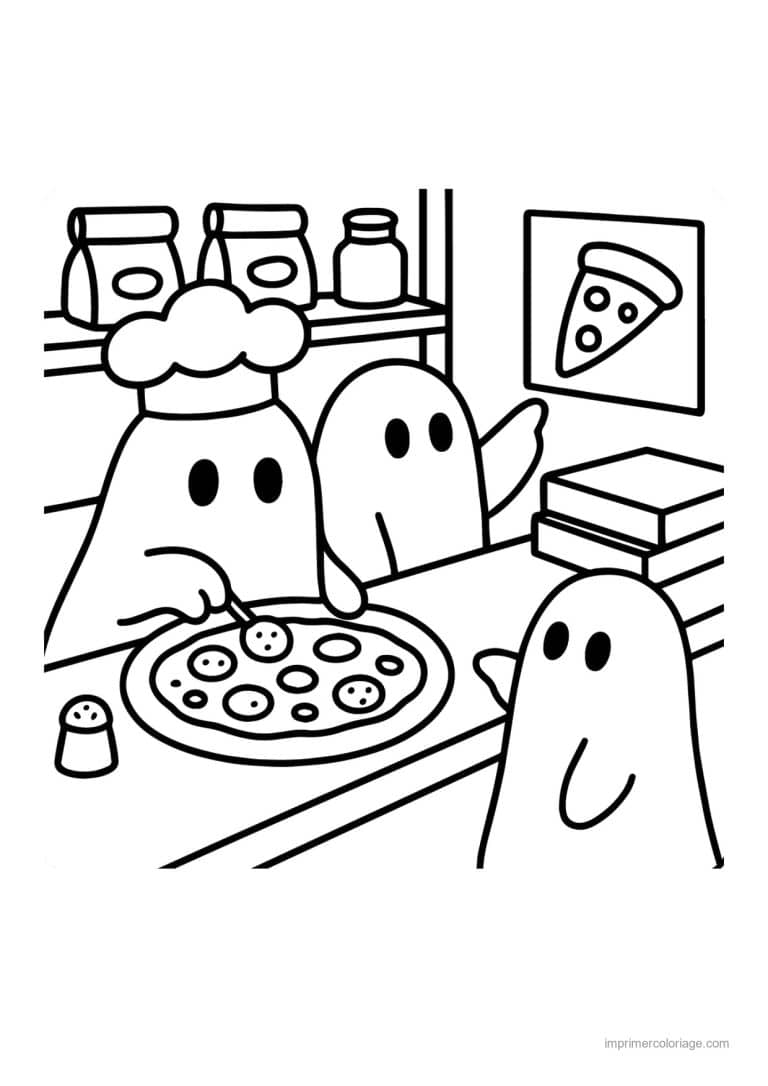 coloriage halloween cozy fantomes preparent une pizza - dessin gratuit &agrave; imprimer
