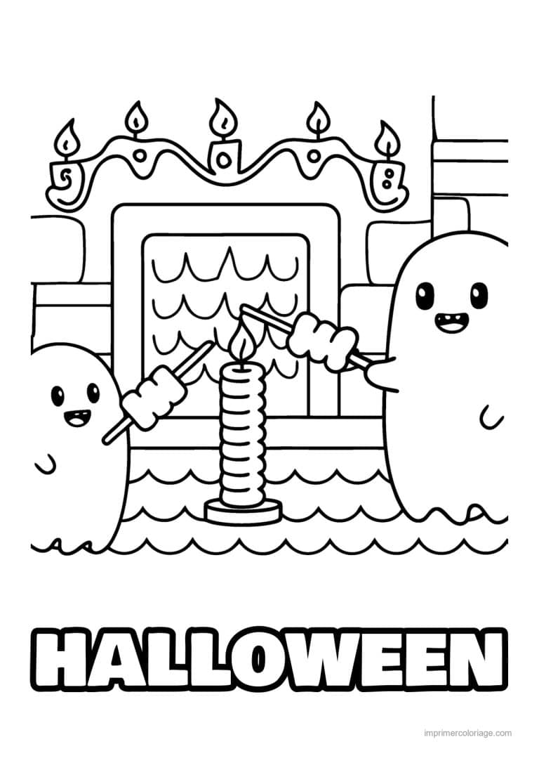 coloriage halloween cozy fantomes qui grillent des guimauves - dessin gratuit &agrave; imprimer