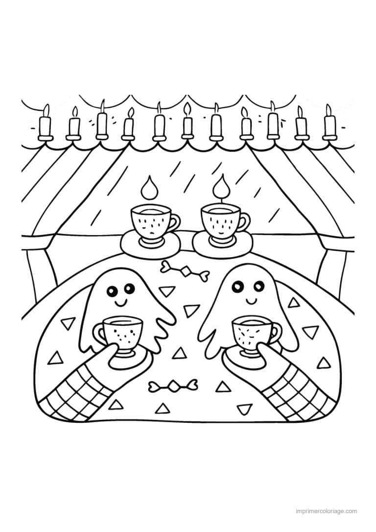 coloriage halloween cozy fantomes tasses et bonbons - dessin gratuit &agrave; imprimer