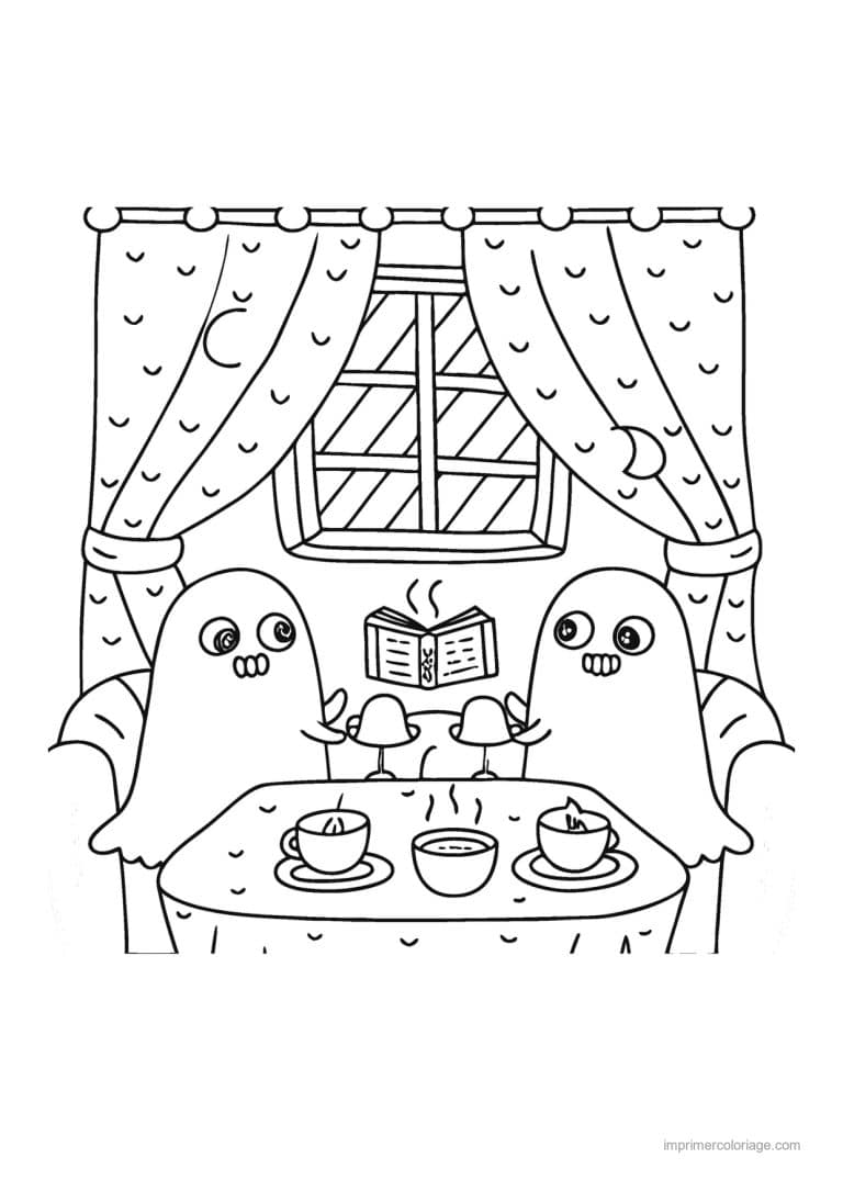 coloriage halloween cozy fantomes the et lecture - dessin gratuit &agrave; imprimer