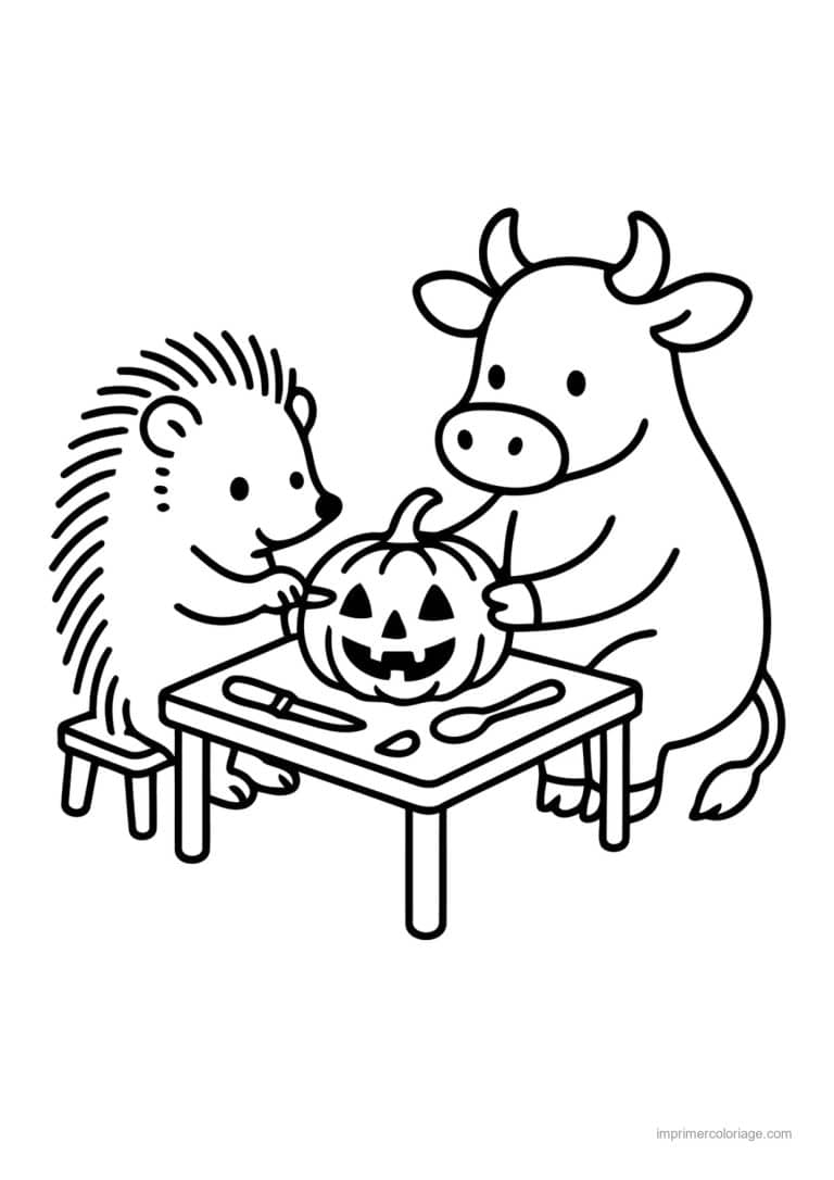 coloriage halloween cozy herisson et vache sculptent citrouille - dessin gratuit &agrave; imprimer