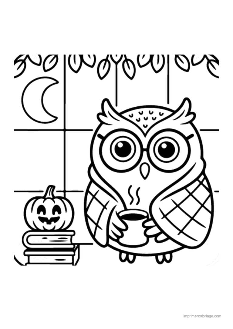 coloriage halloween cozy hibou et citrouille sculptee - dessin gratuit &agrave; imprimer