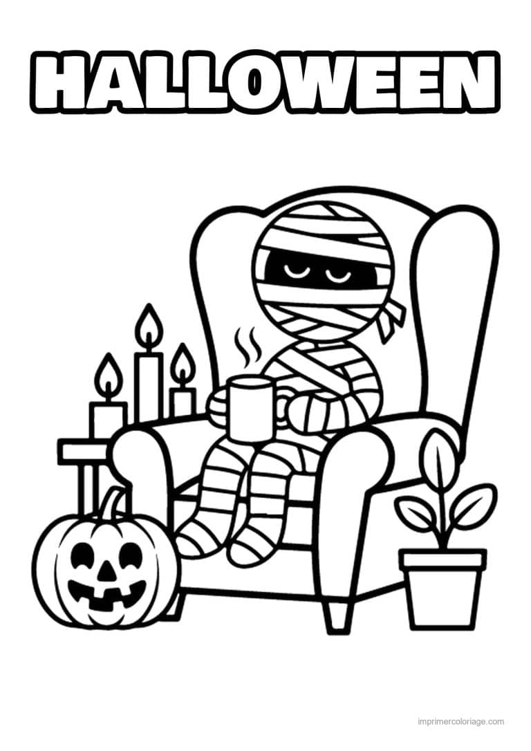 coloriage halloween cozy momie au chocolat dans son fauteuil - dessin gratuit &agrave; imprimer