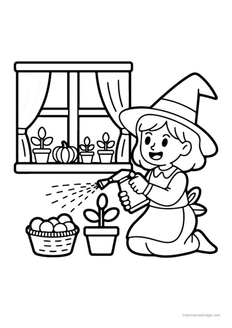 coloriage halloween cozy petite sorciere arrose une plante - dessin gratuit &agrave; imprimer