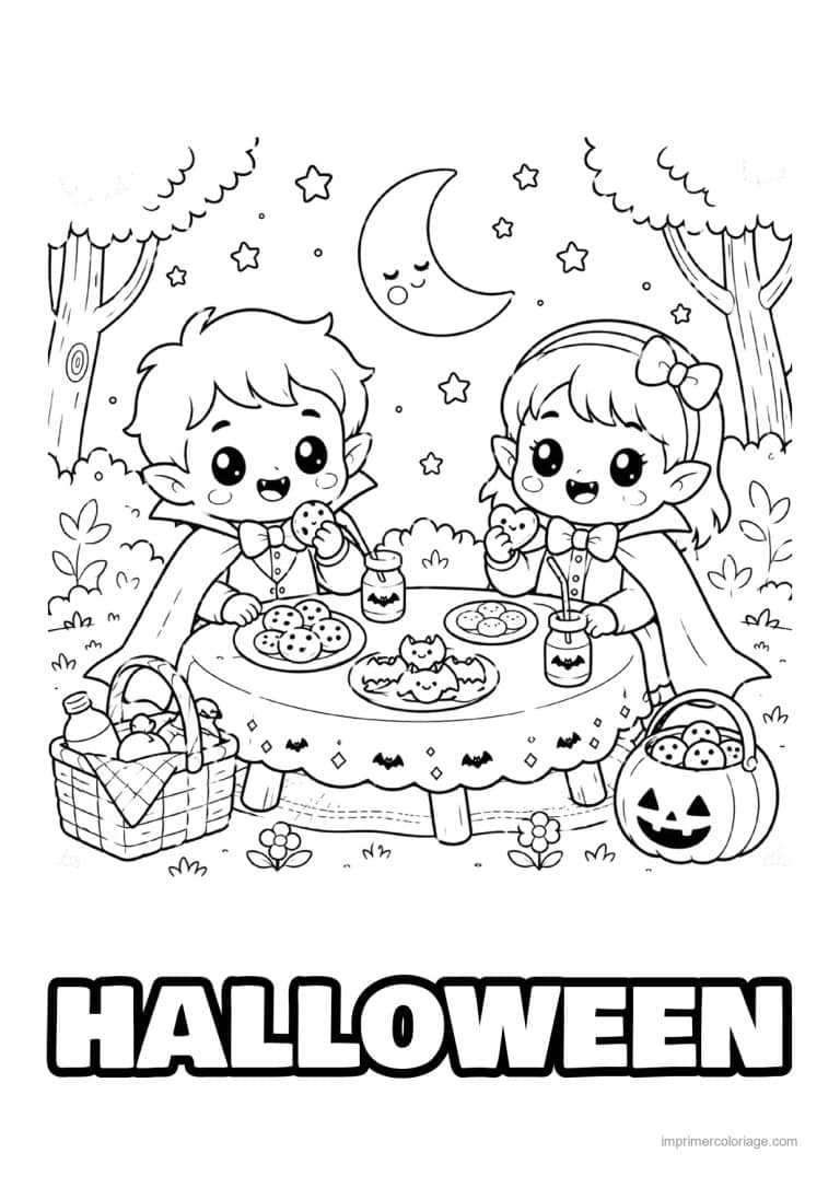 coloriage halloween cozy petits vampires au pique nique - dessin gratuit &agrave; imprimer