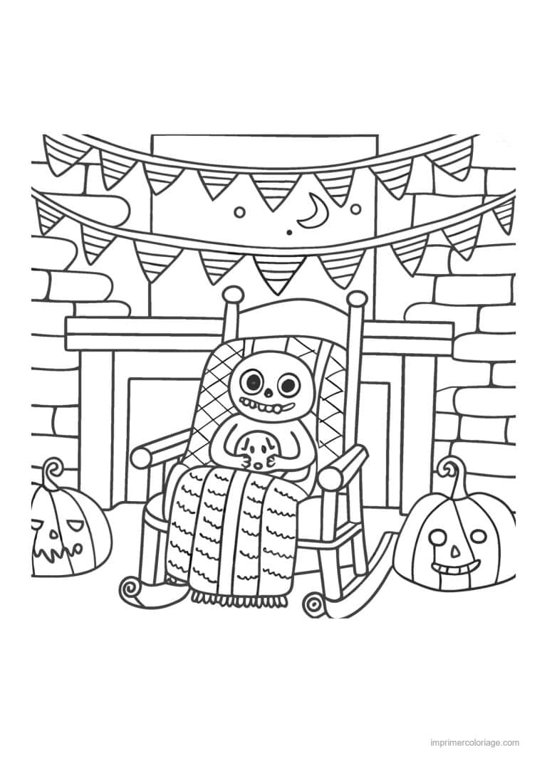 coloriage halloween cozy squelette au plaid pres du feu - dessin gratuit &agrave; imprimer