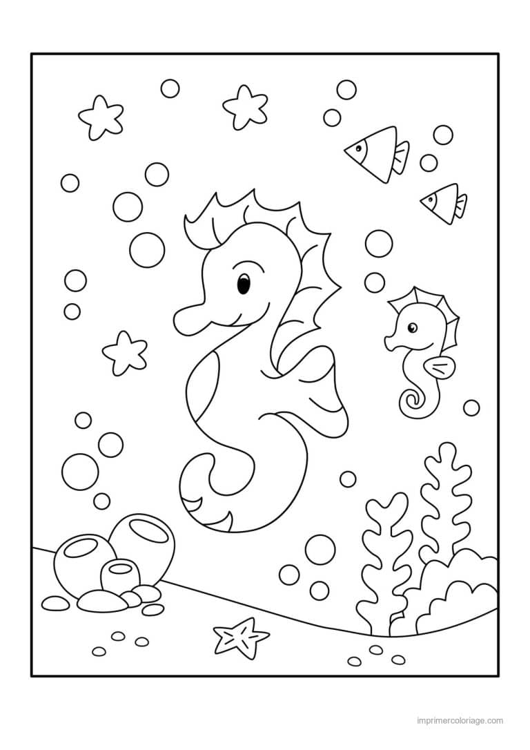 coloriage hippocampe avec bebe entre coraux - dessin gratuit &agrave; imprimer