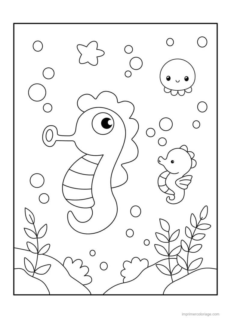 coloriage hippocampe avec bebe et poulpe - dessin gratuit &agrave; imprimer