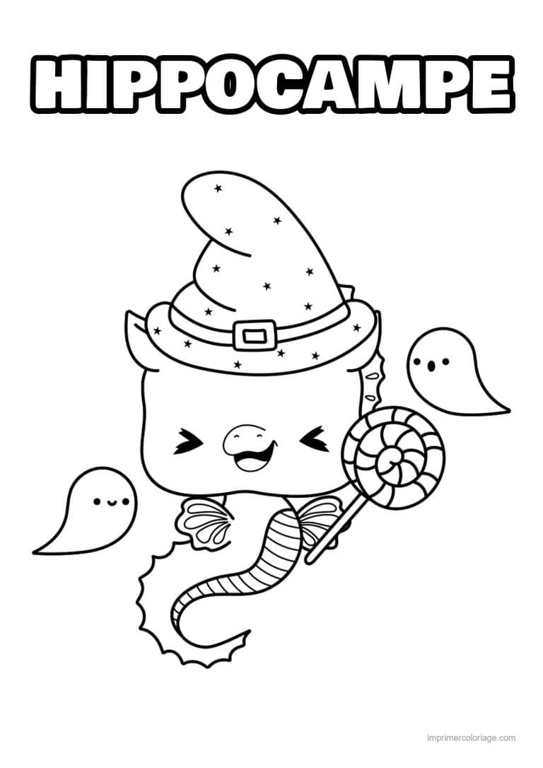 coloriage hippocampe chapeau de sorciere fantomes - dessin gratuit &agrave; imprimer