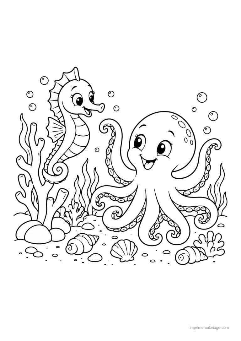 coloriage hippocampe friend poulpe joyeux - dessin gratuit &agrave; imprimer