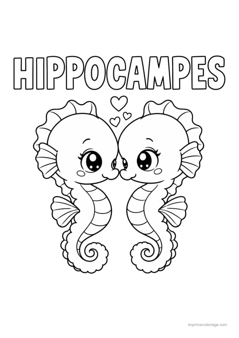 coloriage hippocampe kawaii deux bebes calins - dessin gratuit &agrave; imprimer
