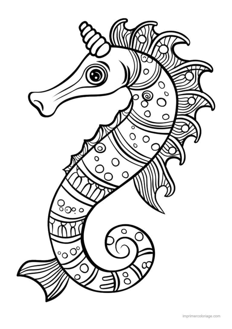 coloriage hippocampe licorne motifs ronds - dessin gratuit &agrave; imprimer