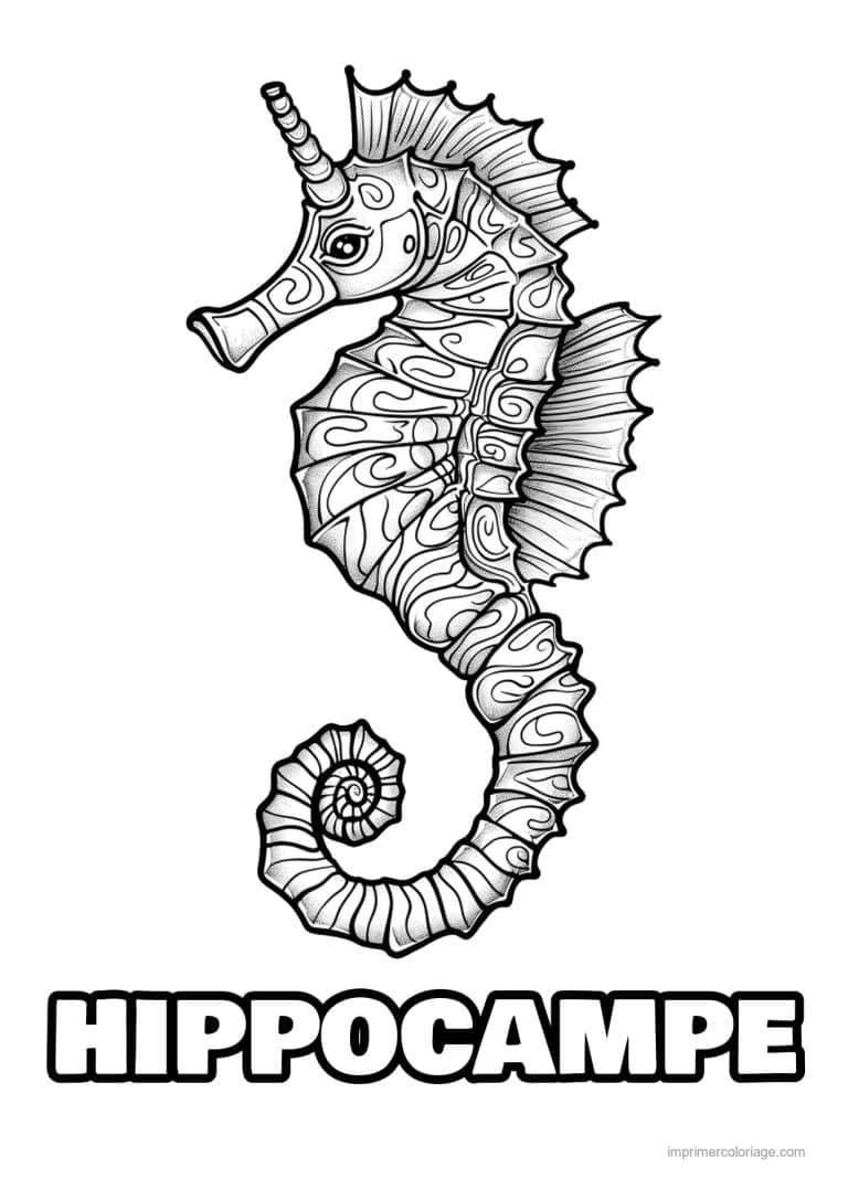 coloriage hippocampe licorne zentangle hachuree - dessin gratuit &agrave; imprimer