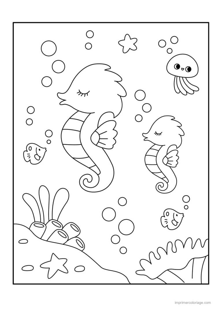 coloriage hippocampe maman et bebe meduse - dessin gratuit &agrave; imprimer