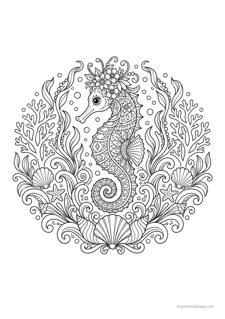 coloriage hippocampe mandala coraux coquillages - dessin gratuit &agrave; imprimer
