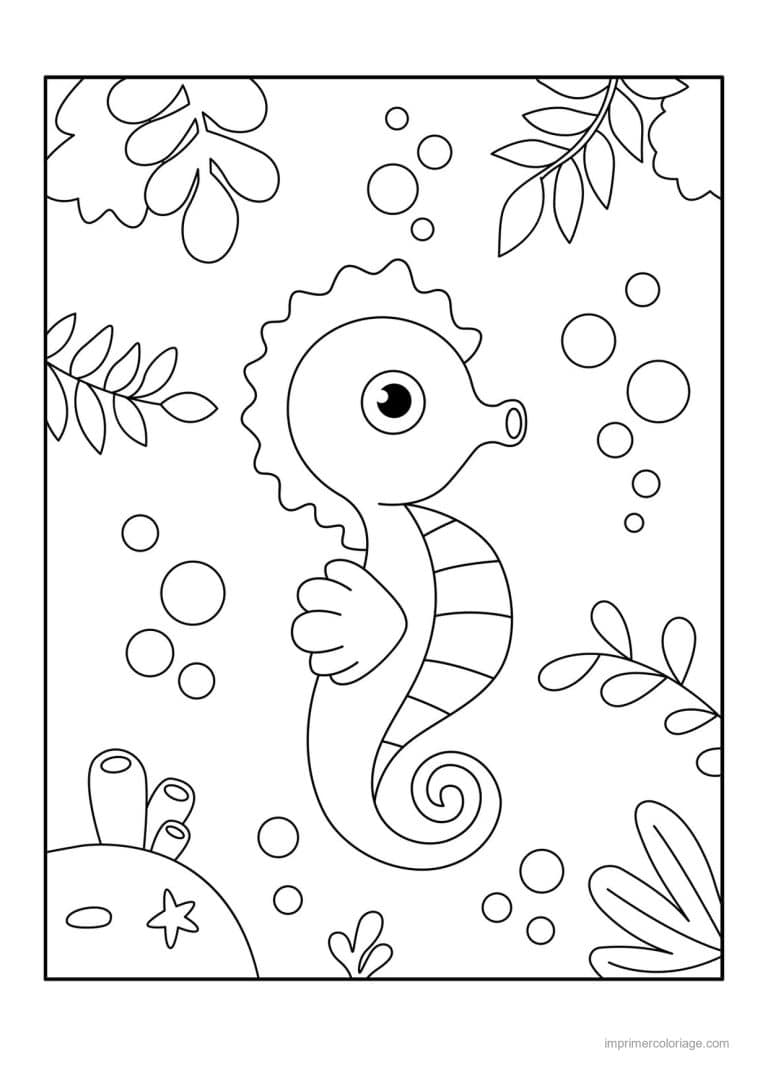 coloriage hippocampe oeil rond feuillages - dessin gratuit &agrave; imprimer