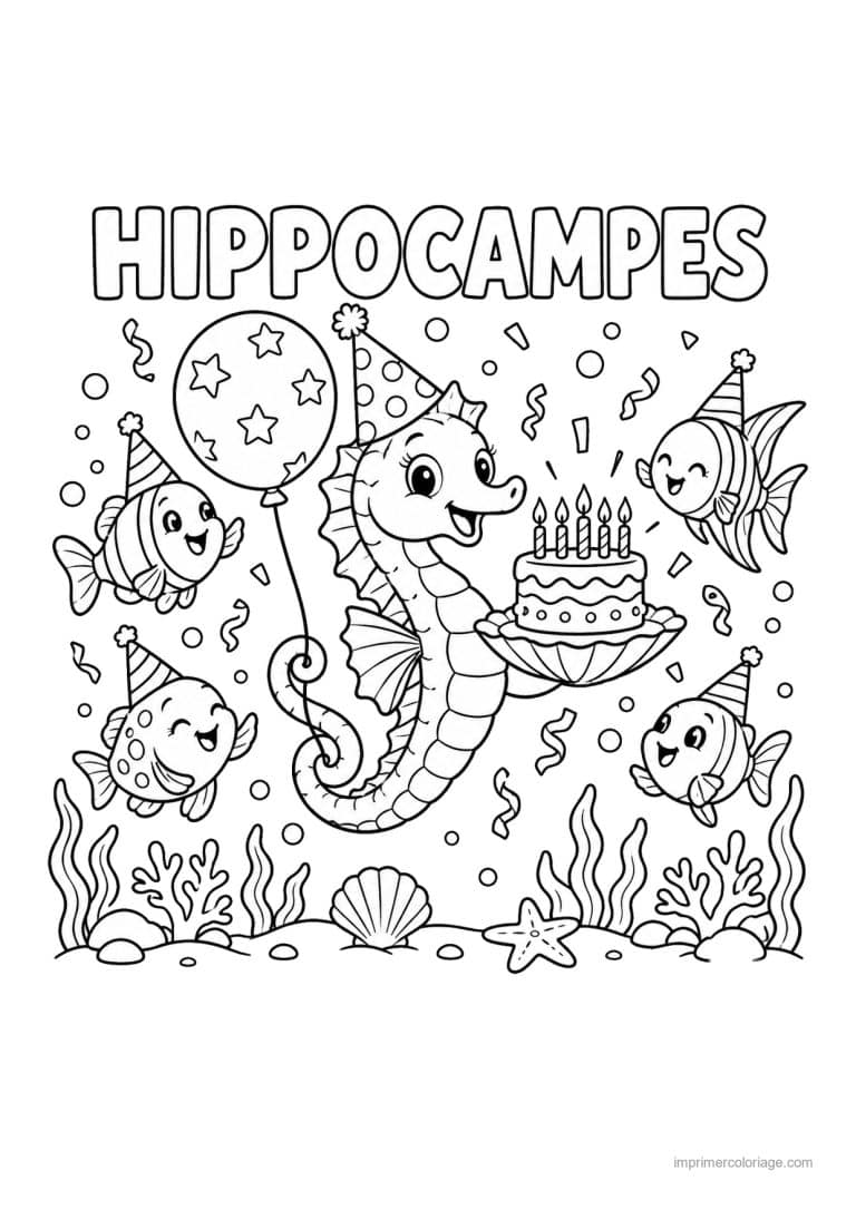 coloriage hippocampe party anniversaire gateau ballons - dessin gratuit &agrave; imprimer