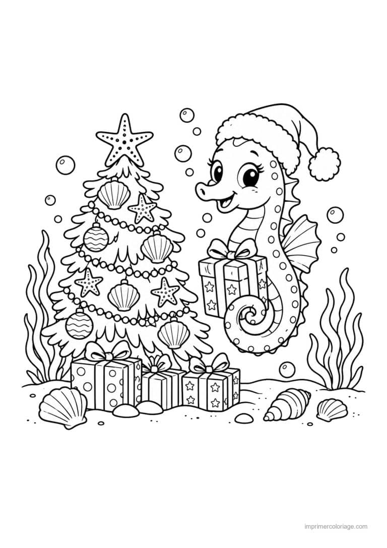 coloriage hippocampe party noel cadeaux sapin - dessin gratuit &agrave; imprimer