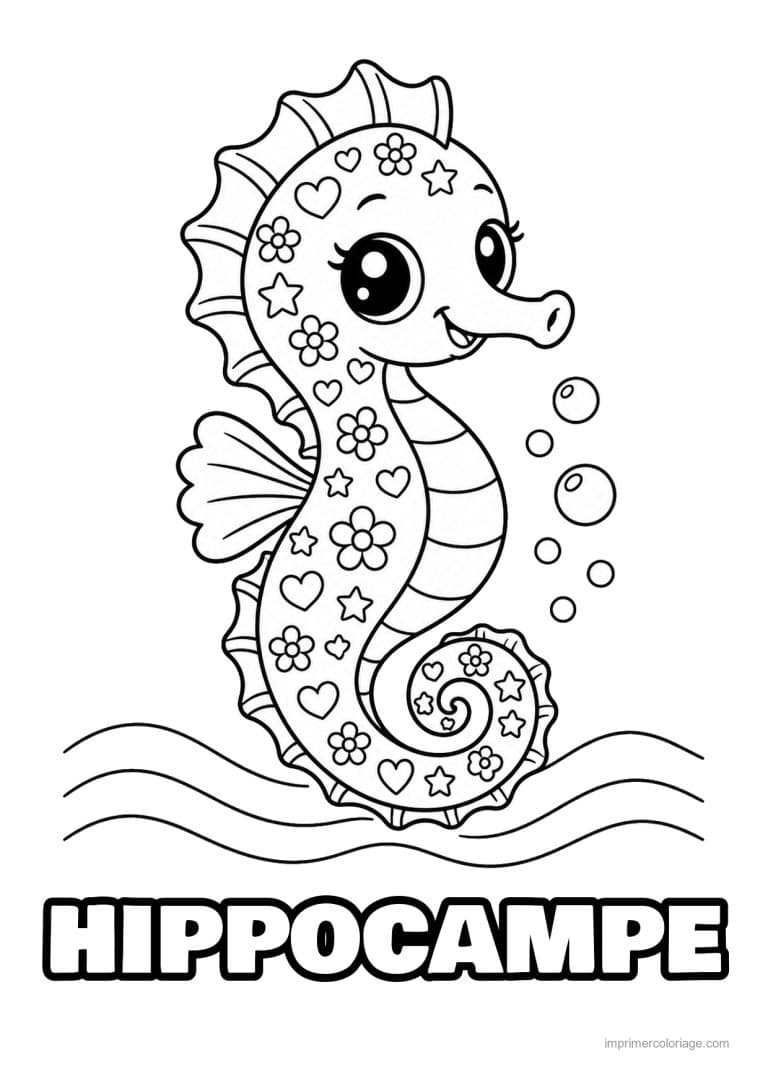 coloriage hippocampe pattern motifs coeurs fleurs - dessin gratuit &agrave; imprimer