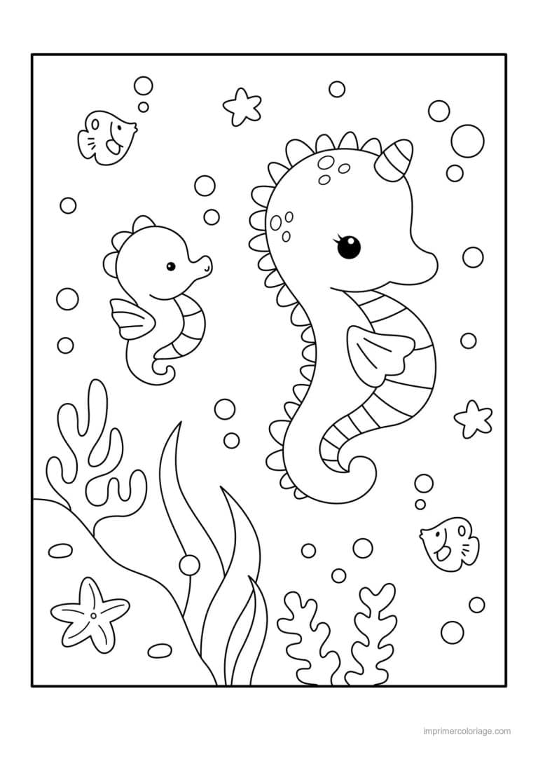 coloriage hippocampe pois sur la tete avec bebe - dessin gratuit &agrave; imprimer
