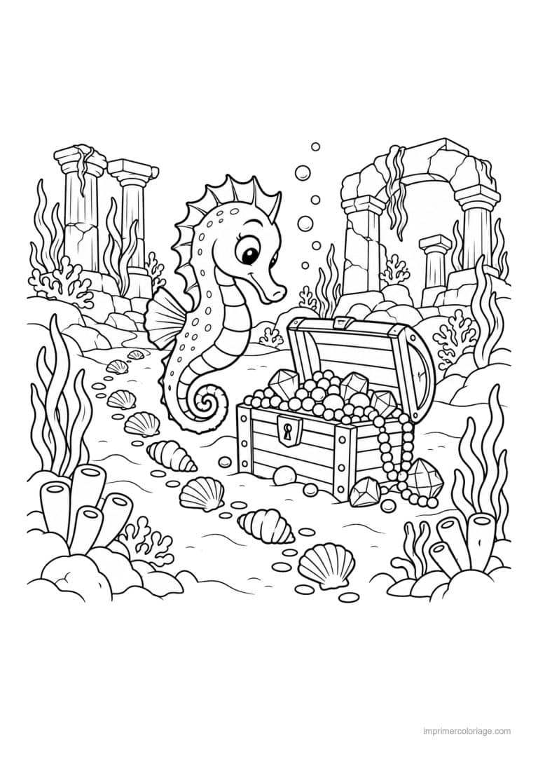 coloriage hippocampe scene chasse tresor marin - dessin gratuit &agrave; imprimer