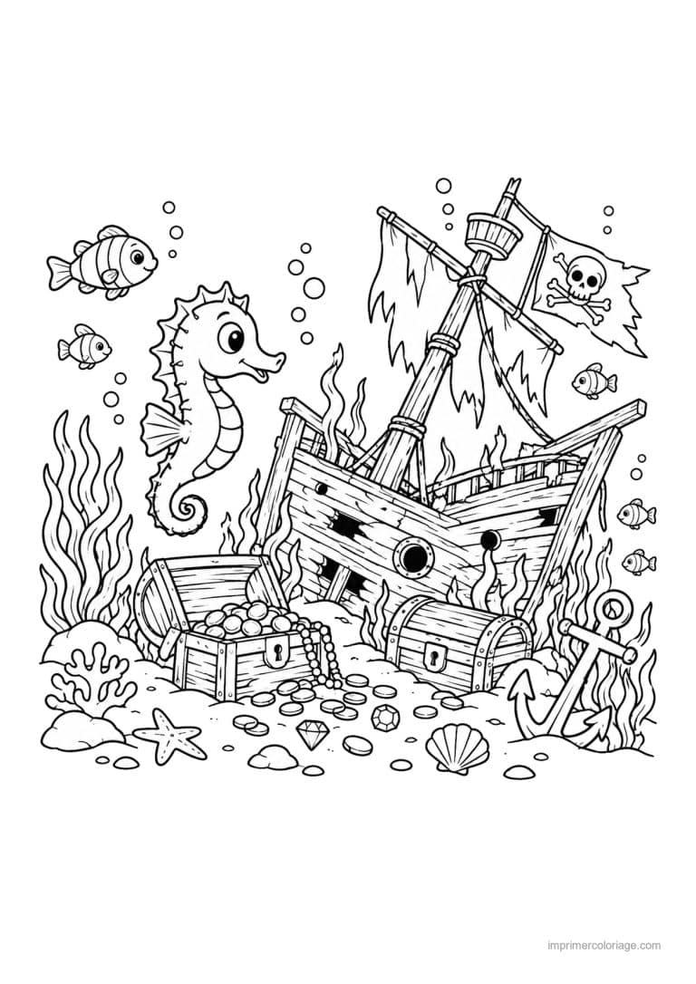 coloriage hippocampe scene epave bateau pirate - dessin gratuit &agrave; imprimer