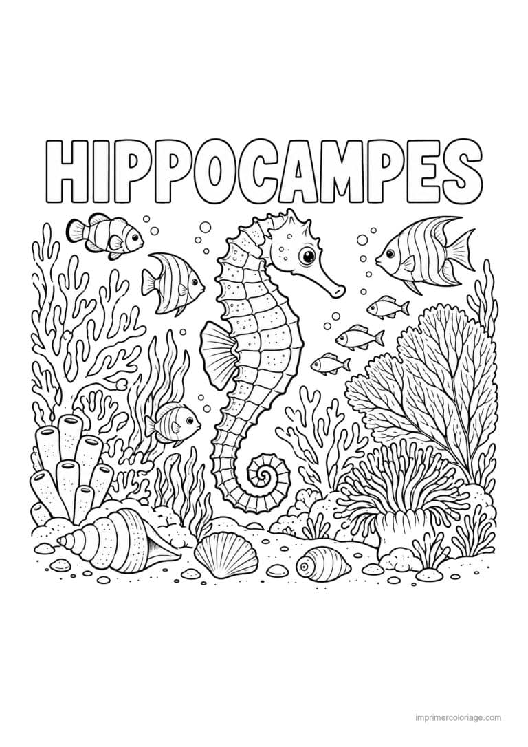 coloriage hippocampe scene exploration jardin corallien - dessin gratuit &agrave; imprimer