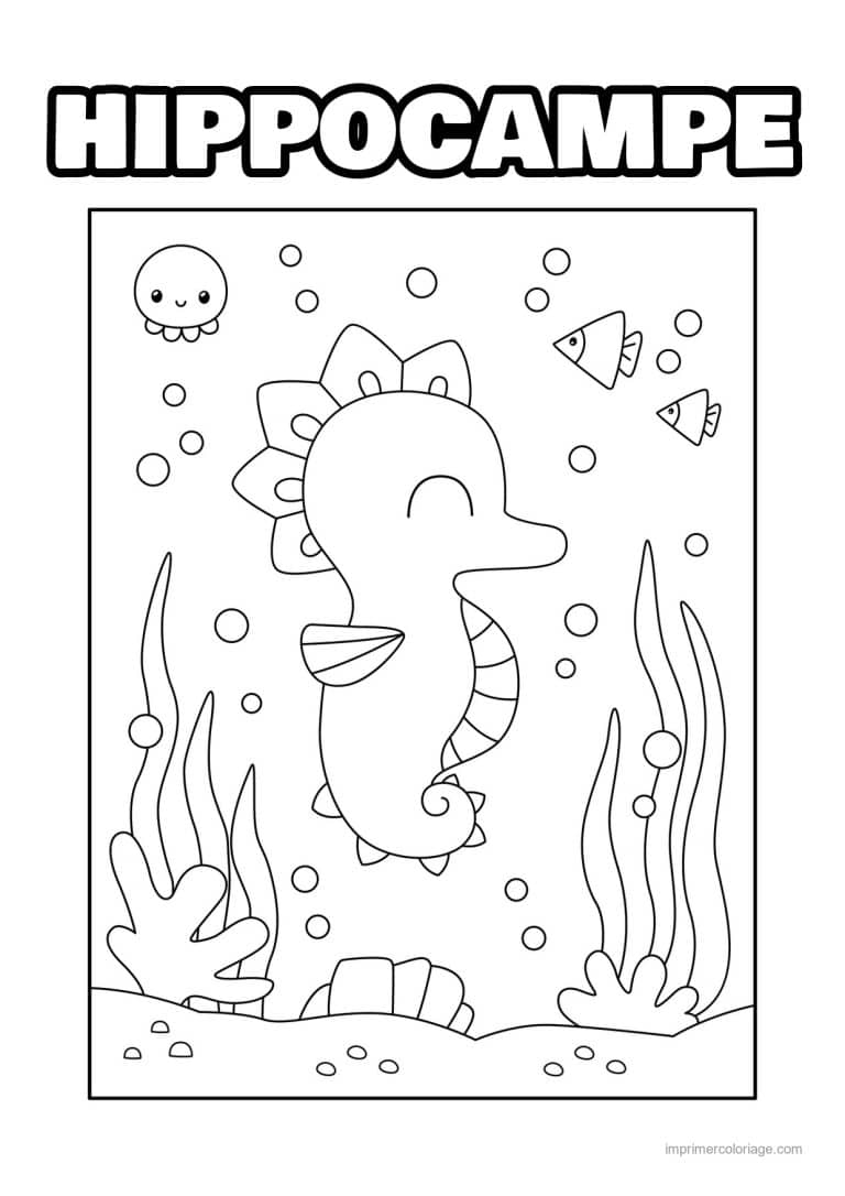 coloriage hippocampe yeux fermes et poissons - dessin gratuit &agrave; imprimer