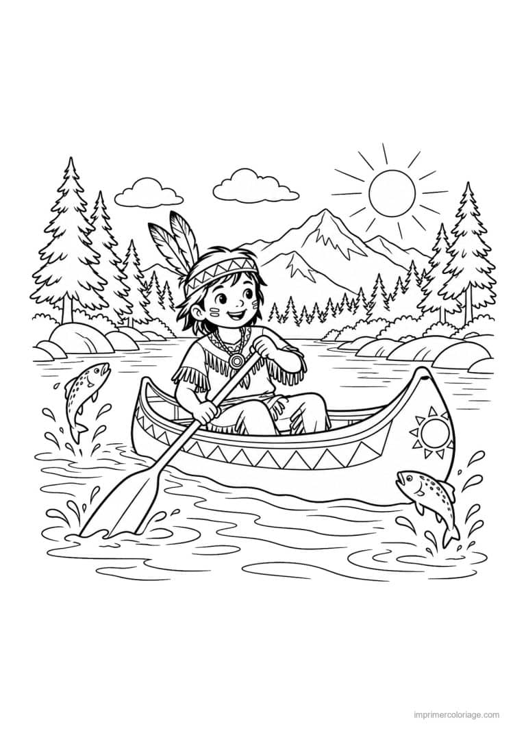 coloriage indien ia canoe riviere montagnes - dessin gratuit &agrave; imprimer