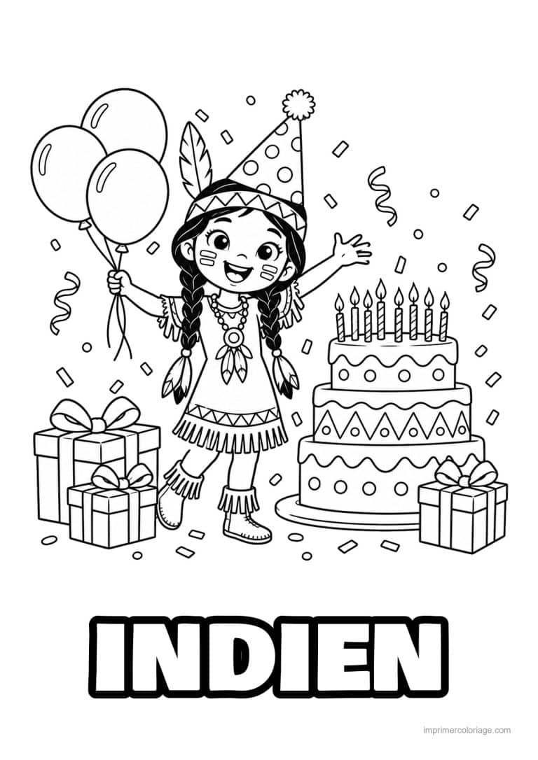 coloriage indien ia indienne anniversaire gateau ballons - dessin gratuit &agrave; imprimer