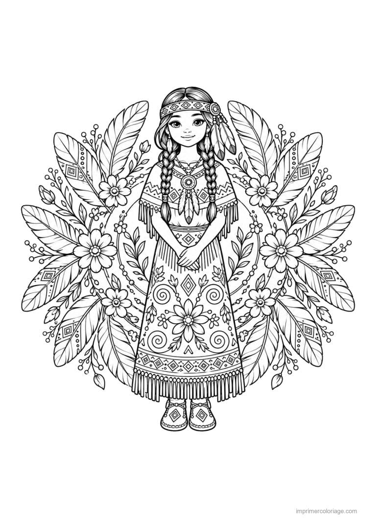 coloriage indien ia indienne plumes fleurs - dessin gratuit &agrave; imprimer