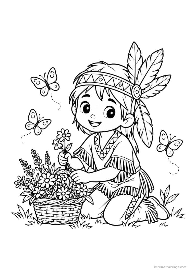coloriage indien ia panier fleurs sauvages - dessin gratuit &agrave; imprimer
